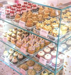 a display case filled with lots of different types of cupcakes and muffins