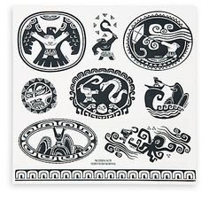 some black and white stickers with different designs on them