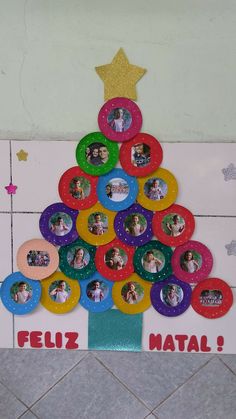 a christmas tree made out of buttons with pictures on the top and bottom, surrounded by confetti circles