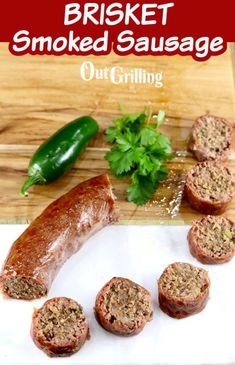 meatloaf sausages on a cutting board with green peppers and parsley in the background