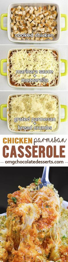 chicken parmesan casserole recipe is shown in three different dishes with the same toppings