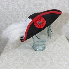 Black Pirate Hat - Classic Tricorn with Red Trim, White Feathers, and Red or Gold Cockade- 100% Wool Fleur Harry Potter, Hat With Braids, Black Pirate, Black Witch Hat, Pirate Hat, Ahoy Matey, Seven Seas, Black Witch, Pirate Hats