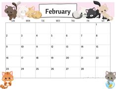 a calendar with cats and kittens on it for the month of feb to march