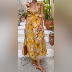 H&M Dress New With Tags Size M/6 H&m V-neck Midi Dress For Summer, H&m V-neck Spring Dresses, H&m V-neck Dress For Brunch, Yellow Midi Dress With Ruffles For Casual Wear, Yellow Midi Dress With Ruffles For Casual Occasions, Yellow Ruffled Midi Dress For Casual Wear, Summer Floral Maxi Dress With Ruffles, Elegant H&m Midi Dress For Vacation, Summer Floral Print Maxi Dress For Daywear