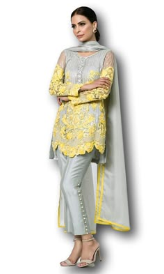 Grey Colour Designer Salwar Kameez Designer Yellow Embellished Kurta, Yellow Embellished Palazzo Set For Weddings, Designer Yellow Embellished Sets, Yellow Embellished Designer Wear Sets, Yellow Anarkali Lawn Suit With Intricate Embroidery, Embellished Yellow Sharara For Eid, Festive Embellished Yellow Salwar Kameez, Designer Yellow Lawn Suit With Sheer Dupatta, Tailor Design