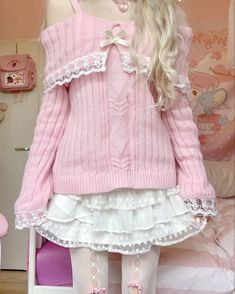 Cold Shoulder Lace Trim Knit Sweater in 2024 Kawaii outfit ideas Aesthetic Creepy, Outfit Ideas Pink, Creepy Cute Aesthetic, Kawaii Outfit Ideas, Creepy Core, Cold Shoulder Lace, Kawaii Fashion Outfits, J Fashion, Pink Outfits