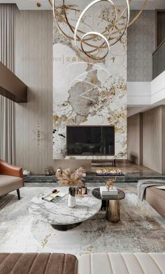 an elegant living room with marble and gold accents on the walls, large chandelier hanging from the ceiling