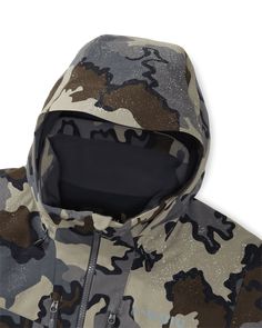 a camo jacket with hood and zippers on the front, in grey and black