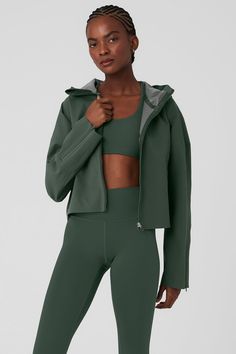 Rain Or Shine Jacket - Dark Cactus Gym Jackets For Women, Green Windproof Recycled Polyester Outerwear, Green Windproof Outerwear Of Recycled Polyester, Modern Hooded Windproof Windbreaker, Green Alo Yoga Activewear For Sports, Modern Long Sleeve Track Jacket For Outdoor, Green Alo Yoga Athleisure Activewear, Alo Yoga Green Athleisure Activewear, Modern Hooded Track Jacket For Outdoor