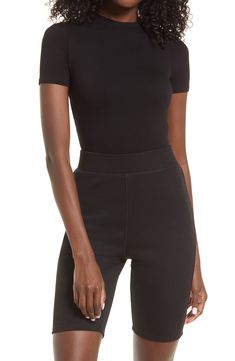 Sleek all-in-one style and breathable stretch jersey makes this T-shirt bodysuit a svelte option for all your warm-weather plans. Style Name:Naked Wardrobe Jersey T-Shirt Bodysuit. Style Number: 6233191. Fitted Black Elastane T-shirt, Fitted Black Short Sleeve Bodysuit With Crew Neck, Black Fitted Short Sleeve Crew Neck Bodysuit, Black Fitted Crew Neck Short Sleeve Bodysuit, Fitted Black Crew Neck Short Sleeve Bodysuit, Black Second-skin Tops For Workwear, Fitted Black Short Sleeve Bodysuit, Sporty Stretch Tops For Work, Basic Black Stretch Short Sleeve Bodysuit