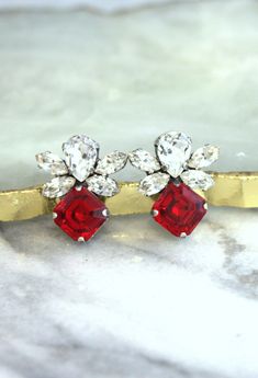 Red Crystal Earrings, Ruby Red Crystal Stud Earrings, Princess Cut Red Earrings, Bridal Red Stud Earrings, Bridesmaids Red Earrings, Red Cluster Earrings For Formal Events, Red Jewelry With Earrings For Evening, Red Crystal Earrings For Anniversary, Ruby Earrings For Valentine's Day Wedding, Formal Red Dangle Clip-on Earrings, Red Drop Bridal Earrings For Formal Occasions, Red Earrings For Valentine's Day Formal, Red Dangle Clip-on Earrings For Formal Occasions, Red Ruby Earrings For Party