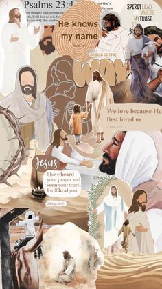 the collage shows images of jesus and other people