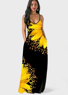 ROTITA Side Pocket Sunflower Print Spaghetti Strap Maxi Dress dresses nigth, snowcoming dresses, selection dresses #dressesforsale #dressesfornights #dressesforme Stylish Maxi Dress, Shift Dress Pattern, Pocket Maxi Dress, Elegante Y Chic, Chic Maxi Dresses, Placement Print, Spaghetti Strap Maxi Dress, Elegant Maxi Dress, Dress Sleeve Styles