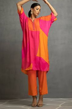 Pink and orange abstract print pleated kurta with an embroidered placket. Paired with a pant. - Aza Fashions Fitted Orange Kurta For Summer, Spring Orange Straight Kurta, Summer Orange Kurta With Printed Motifs, Orange Printed Motif Sets For Summer, Orange Printed Sets For Summer, Summer Orange Sets With Printed Motifs, Fashion App, Print Tunic, Pant Set