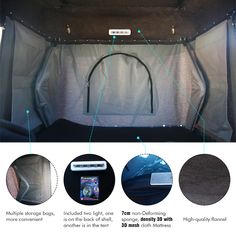 the inside of a tent with instructions for how to set up it and what to put in it