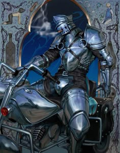 a painting of a knight on a motorcycle