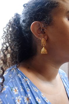 "Choti Gold Jhumka Earrings Small South Indian Style Jhumka Earrings 18kt Gold over brass 1.5\" L x .5\" W Hook Fastening" Small Jhumka, South Indian Style, Gold Jhumka, Gold Jhumka Earrings, Modern Gold Jewelry, Jhumki Earrings, Jhumka Earrings, Earrings Small, Indian Style