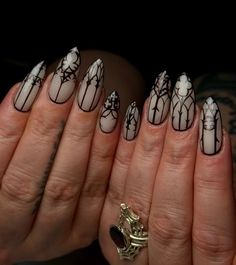 Witchy Nails Black And White, Nails With Underneath Painted, Cathedral Nail Art, Anatomical Heart Nails, Sb Nail Ideas, Gravity Falls Nails, Cathedral Nails, Fine Line Nails, Fun Red Nails