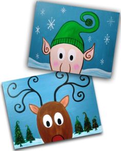 two paintings of reindeers with hats on