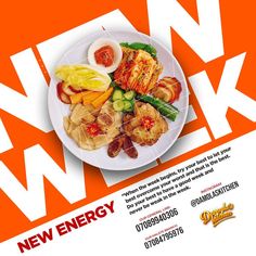 an advertisement for a new energy drink is shown on the plate with fruit and veggies