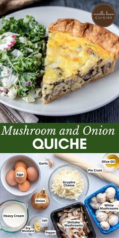 mushroom and onion quiche recipe on a white plate with ingredients for the dish in bowls