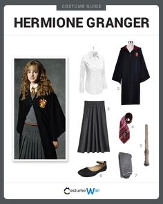 the costume guide for hermione granger from harry potter is shown in black and