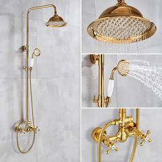 the shower head and handset are all gold in color, with water flowing from it