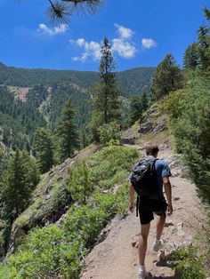 a man with a backpack is walking up a trail in the mountains near pine trees