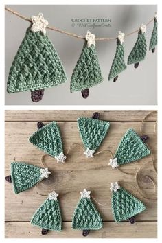 crocheted christmas tree ornaments hanging on a string