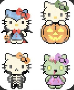 hello kitty cross stitch pattern with pumpkins, cats and cat's head on it