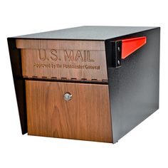 a wooden mailbox with the us mail on it's front and bottom panel