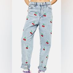 Never Worn Minga London Jeans With Cherry Embroidery. Originally $100, I’m Selling For $60 Obo. Size: 34” Uk 14 Eu 42 Us 10 Trendy Embroidered Relaxed Fit Jeans, Casual Cotton Bottoms With Strawberry Print, Spring Cotton Bottoms With Strawberry Print, Casual Strawberry Print Bottoms, Cute Embroidered Spring Jeans, Casual Jeans With Multicolor Embroidery For Spring, Casual Multicolor Embroidered Jeans For Spring, Red Jeans For Spring, Spring Cotton Jeans With Multicolor Embroidery