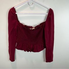 New With Tags! Truly Madly Deeply Anthropologie Smocked Top Sz M. Color: Burgundy. Msrp $88. Approx Measurements (Laying Flat, Not Stretched): Armpit To Armpit: 14” Armpit To End Of Sleeve: 18” Front Length: 11.5” Back Length: 12” Sunflower Shorts, Sheer Mesh Top, Distressed Top, Red Day, Madly Deeply, Truly Madly Deeply, Smocked Top, Button Front Top, Striped Crop Top