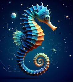 a colorful seahorse is standing in the air