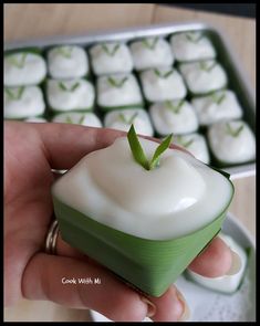 a hand holding a small green and white dessert