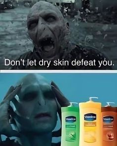 an image of a creepy man holding his head in front of him and the caption says, don't let dry skin defate you