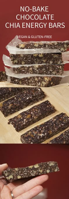 no - bake chocolate chia energy bars made with vegan and gluten free ingredients