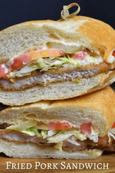 two sandwiches stacked on top of each other with the words fried pork sandwich written below