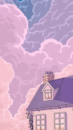 a drawing of a house with clouds in the background