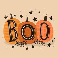 the word boo written in black and orange pumpkins with stars around them on a beige background