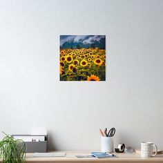 a large field of sunflowers with clouds in the background poster print on wall