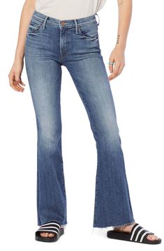 Free shipping and returns on Frayed Flare Jeans at Nordstrom.com. You're ready for the weekend with these figure-elongating flared jeans crafted from soft Italian stretch denim in a laid-back light wash. Flare Jean Outfit, Frayed Flare Jeans, Denim Flare Jeans, Jean Crafts, Denim Trends, Cocktail Dress Lace, New Mothers, Flared Jeans, Wide Leg Denim