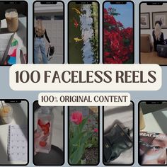 a collage of photos with the words 100 faceless reels on them and images of people in their cell phones