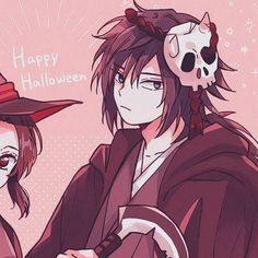 two anime characters wearing halloween costumes and one has a skull on his head while the other holds