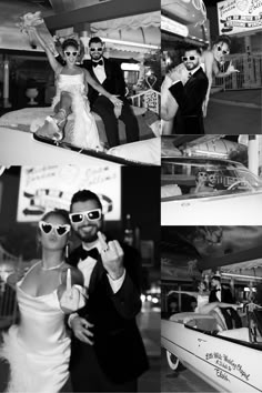 black and white photos of bride and groom posing in front of an old fashioned car