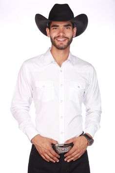 Camisa vaquera Manga larga / long sleeve Boton de broche /snap button Material: 35% cotton / 65% Polyester Cowboy shirt. White Long Sleeve Shirt For Rodeo, White Shirt For Rodeo In Spring, White Long Sleeve Western Shirt, Western Style White Shirt For Spring, White Dress Shirt With Button Closure For Fall, White Western Style Shirt For Spring, White Western Shirt For Spring, Western Style White Shirt For Fall, Fitted Shirt With Button Closure For Western-themed Events