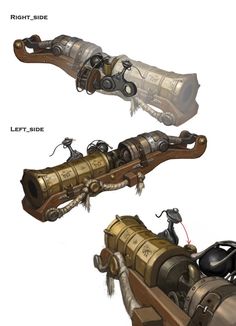 some type of mechanical device with different parts attached to the body and part shown on each side