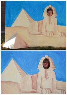 two pictures of the same child's drawing on cardboard, one with an image of a sphinx and another with a dog