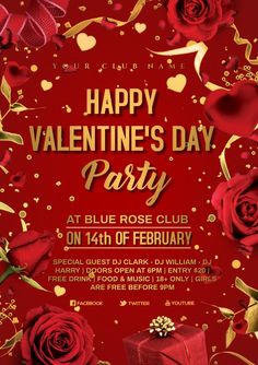 valentine's day party flyer with roses and presents