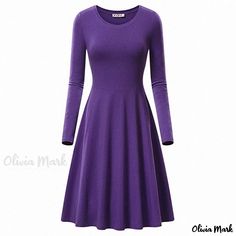 Olivia Mark - Solid Color Round Neck Long Sleeve Loose Fit Dress Purple Long Sleeve Dress, Loose Fit Dress, Floral Chiffon Maxi Dress, Printed Halter Dress, Purple Long Sleeve, Brown Outfit, Loose Fitting Dresses, Crewneck Dress, Chiffon Maxi Dress